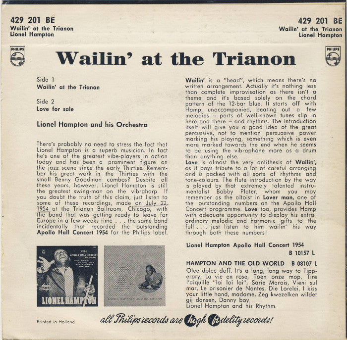 Lionel Hampton And His Orchestra - Wailin' At The Trianon 03855 Vinyl Singles EP Vinyl Goed / Hoes Goed