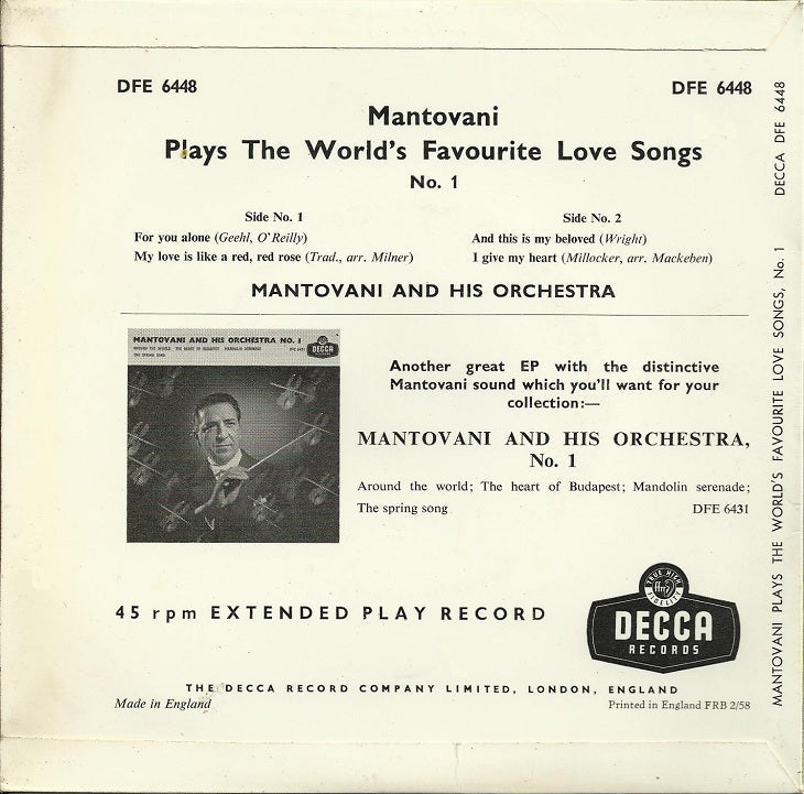 Mantovani And His Orchestra - Mantovani Plays The World's Favourite Love Songs No. 1 14823 Vinyl Singles EP Vinyl Goed / Hoes Goed