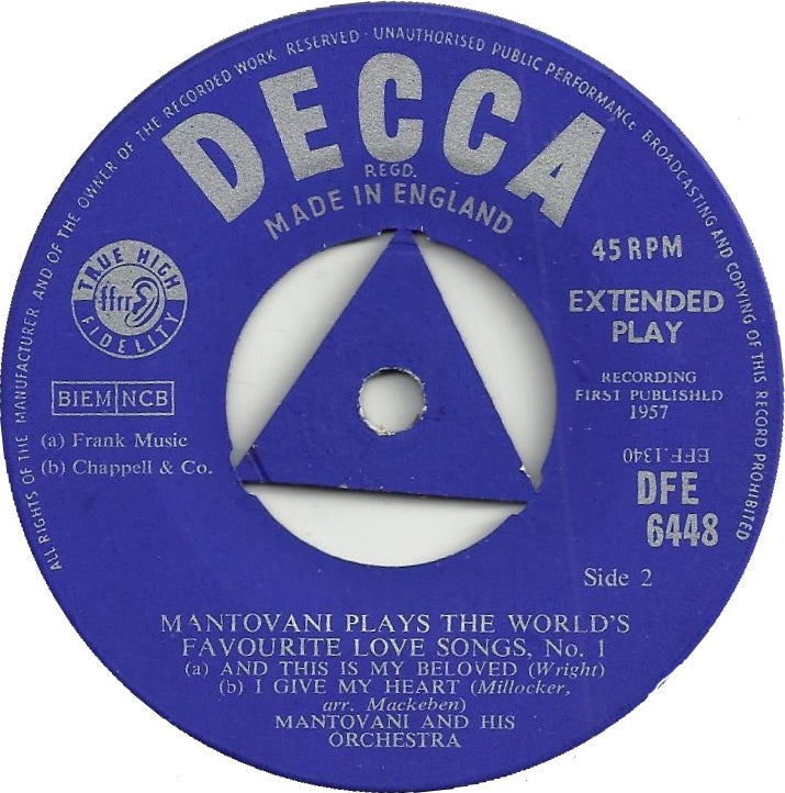 Mantovani And His Orchestra - Mantovani Plays The World's Favourite Love Songs No. 1 14823 Vinyl Singles EP Vinyl Goed / Hoes Goed