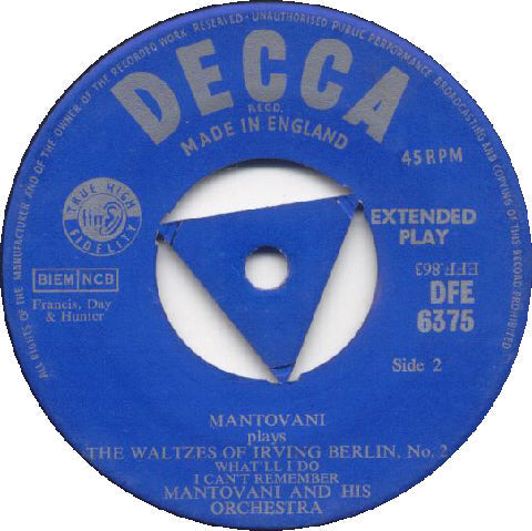 Mantovani And His Orchestra - Mantovani Plays The Waltzes Of Irving Berlin No.2 15533 Vinyl Singles EP Vinyl Goed / Hoes Goed