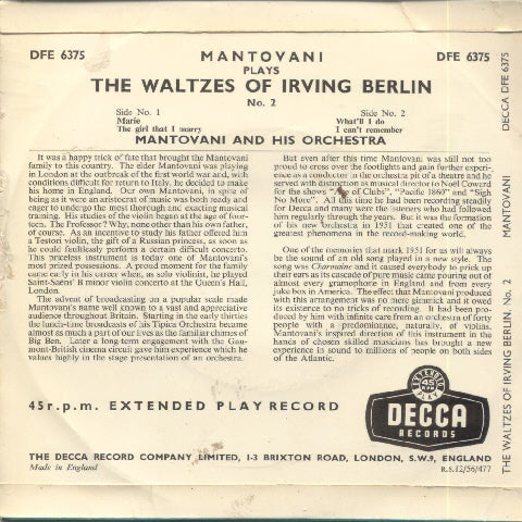 Mantovani And His Orchestra - Mantovani Plays The Waltzes Of Irving Berlin No.2 15533 Vinyl Singles EP Vinyl Goed / Hoes Goed