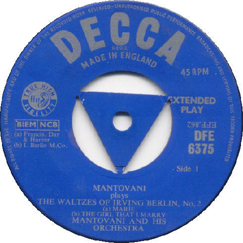 Mantovani And His Orchestra - Mantovani Plays The Waltzes Of Irving Berlin No.2 15533 Vinyl Singles EP Vinyl Goed / Hoes Goed