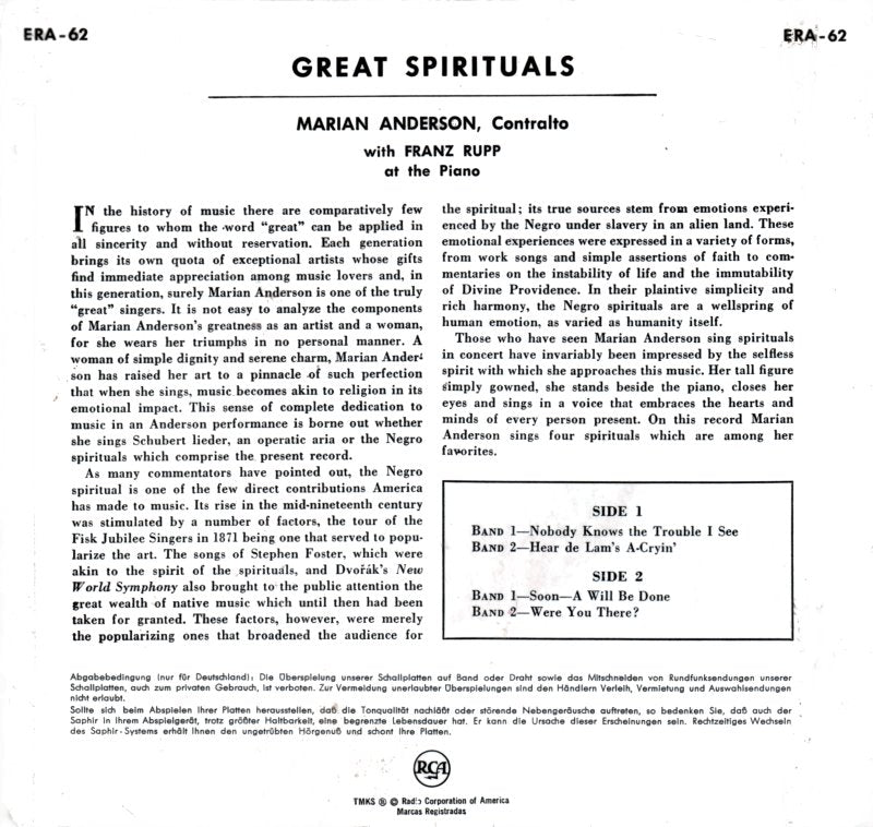 Marian Anderson - Great Spirituals 15711 Vinyl Singles EP Vinyl Goed / Hoes Goed