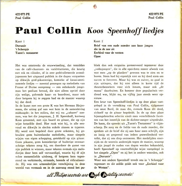 Paul Collin - Koos Speenhoff Liedjes 34382 Vinyl Singles Vinyl Goed / Hoes Goed