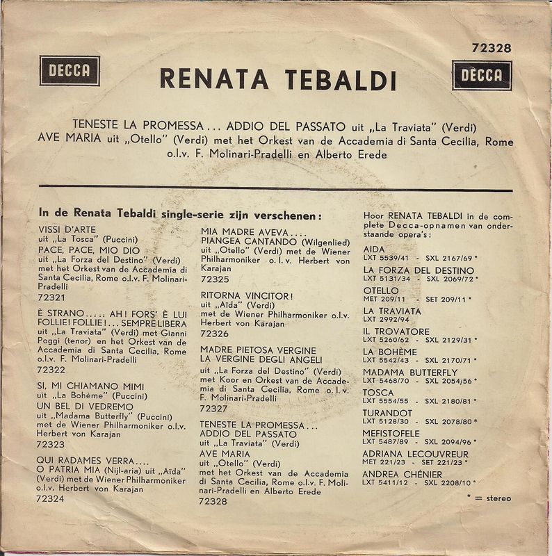 Renata Tebaldi - Teneste La Promessa 03633 Vinyl Singles Vinyl Goed / Hoes Goed
