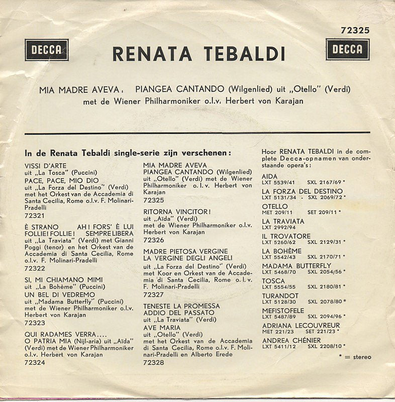 Renata Tebaldi - Mia Madre Aveva 14576 Vinyl Singles Vinyl Goed / Hoes Goed