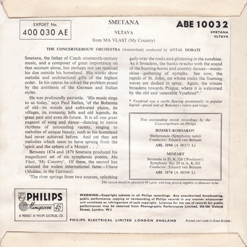 Concertgebouw Orchestra, Amsterdam Conducted - Vltava From Ma Vlast Vinyl Singles Vinyl Zeer Goed / Hoesje Goed "VINYLSINGLES.NL"