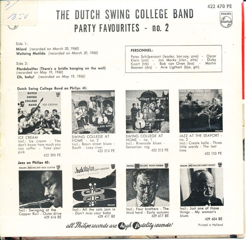 Dutch Swing College Band - Party Favourites - Vol. * Vinyl Singles EP Vinyl Zeer Goed / Hoesje Goed "VINYLSINGLES.NL"