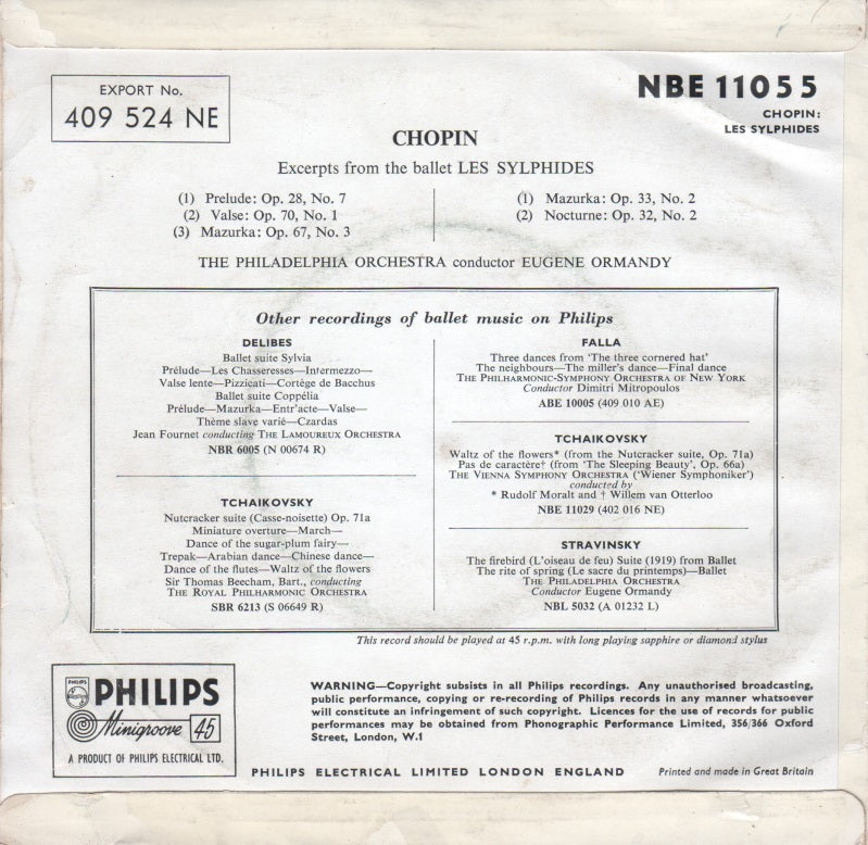 Chopin, Philadelphia Orchestra - Chopin Les Sylphides Ballet Excerpts Vinyl Singles EP Vinyl Zeer Goed / Hoesje Goed "VINYLSINGLES.NL"