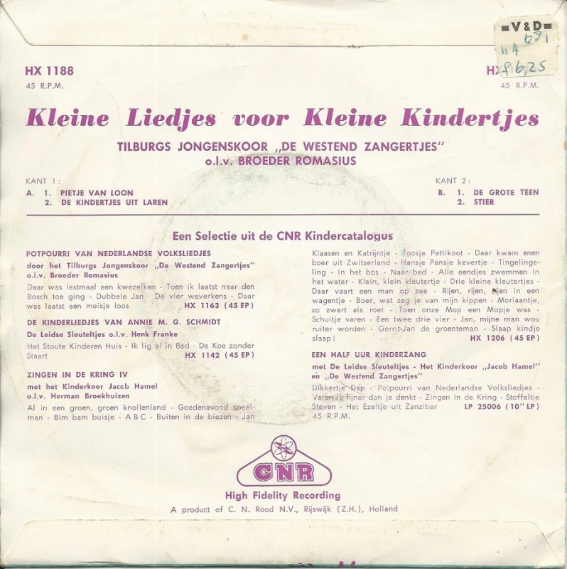 Tilburgs Jongenskoor De Westend Zangertjes - Kleine Liedjes Voor Kleine Kindertjes 42591 Vinyl Singles Vinyl Goed / Hoes Goed