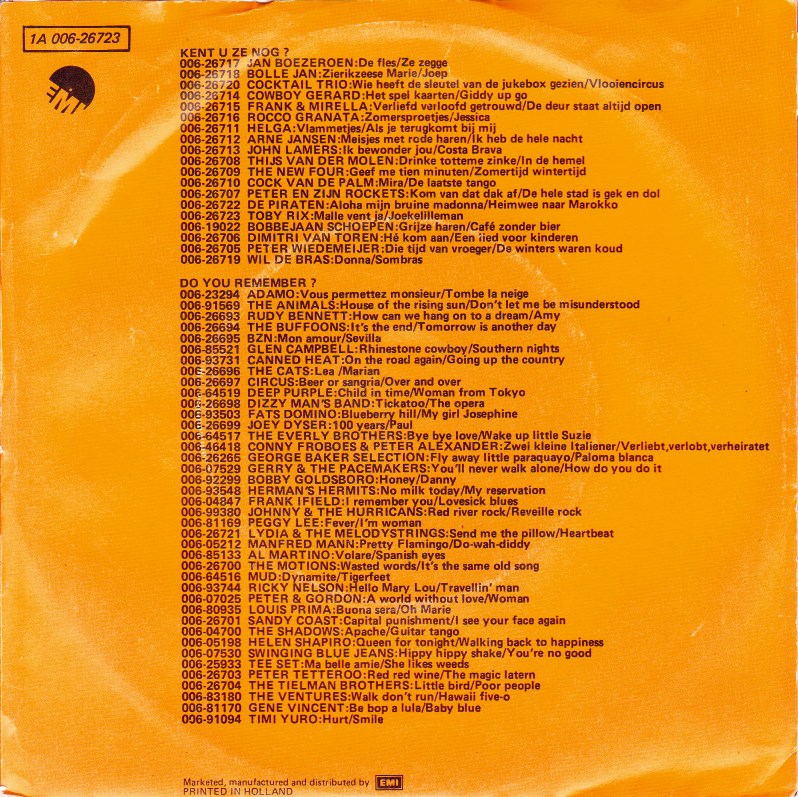 Toby Rix - Malle Vent Ja 26106 Vinyl Singles Vinyl Goed / Hoes Goed