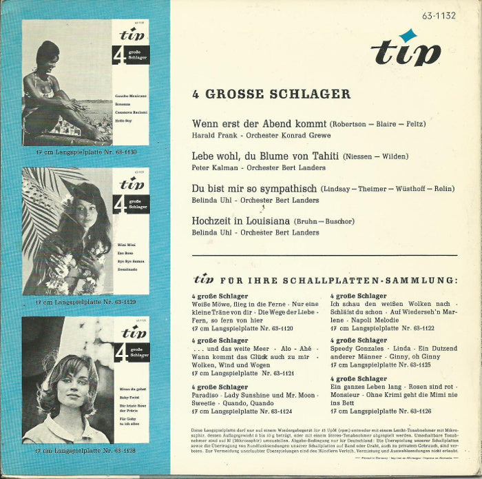 Various - 4 Grose Schlager 11031 Vinyl Singles EP Vinyl Goed / Hoes Goed