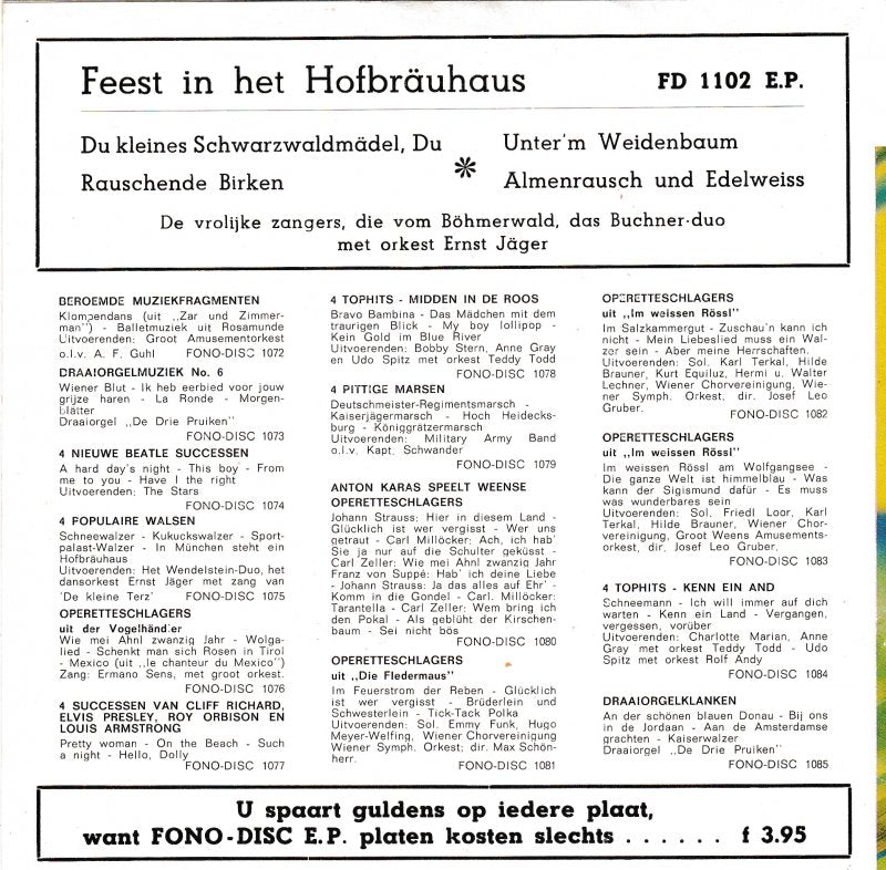 Vrolijke Zangers, Die Vom Böhmerwald, Das Buchner - Duo Met Orkest Ernst Jäger - Feest In Het Hofbräuhaus 30033 Vinyl Singles EP Vinyl Goed / Hoes Goed