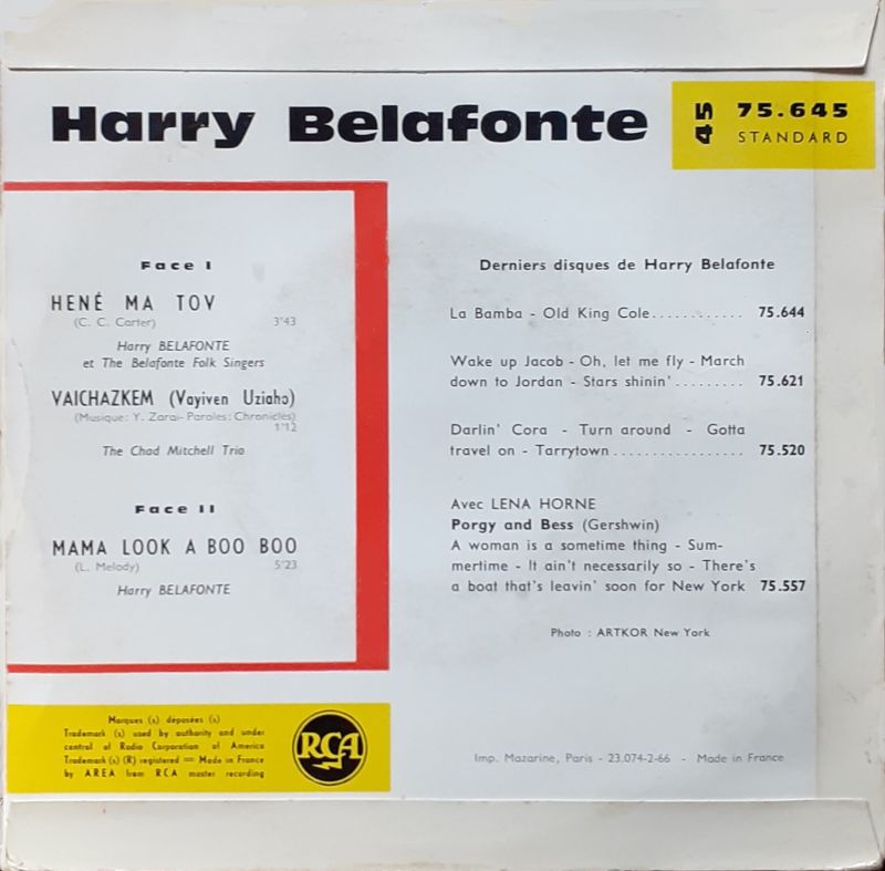 Harry Belafonte - Hine Ma Tov Vinyl Singles EP Vinyl Zeer Goed / Hoesje Goed "VINYLSINGLES.NL"