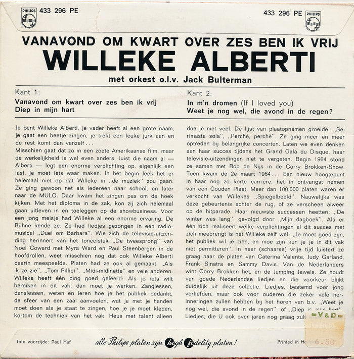 Willeke Alberti - Vanavond Om Kwart Over Zes Ben Ik Vrij 22701 Vinyl Singles EP Vinyl Goed / Hoes Goed