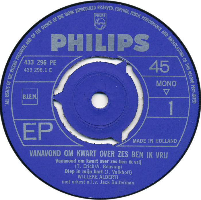 Willeke Alberti - Vanavond Om Kwart Over Zes Ben Ik Vrij 22701 Vinyl Singles EP Vinyl Goed / Hoes Goed