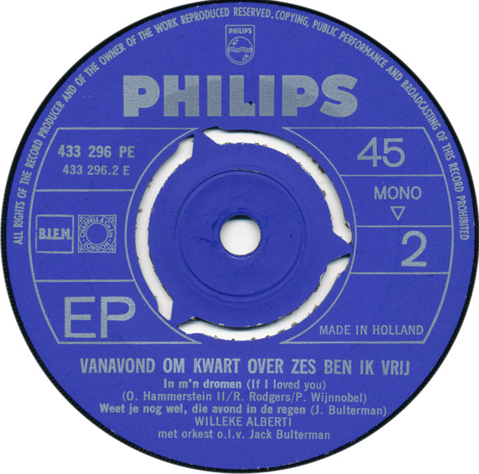 Willeke Alberti - Vanavond Om Kwart Over Zes Ben Ik Vrij 22701 Vinyl Singles EP Vinyl Goed / Hoes Goed