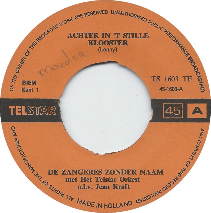 Zangeres Zonder Naam - Achter In 't Stille Klooster 28721 Vinyl Singles Vinyl Goed / Hoes Goed