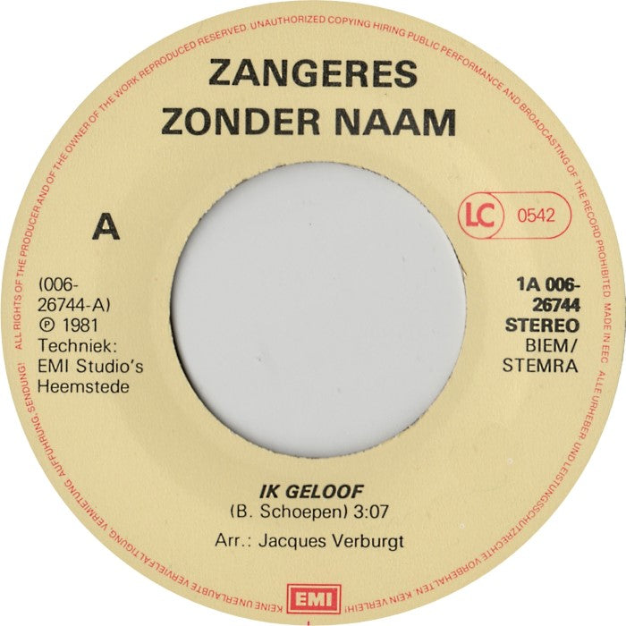 Zangeres Zonder Naam - Ik Geloof 16631 Vinyl Singles Vinyl Goed / Hoes Goed