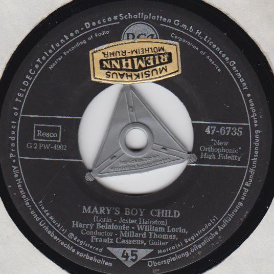 Harry Belafonte - Mary's Boy Child Vinyl Singles Vinyl Zeer Goed / Hoesje Generic "VINYLSINGLES.NL"