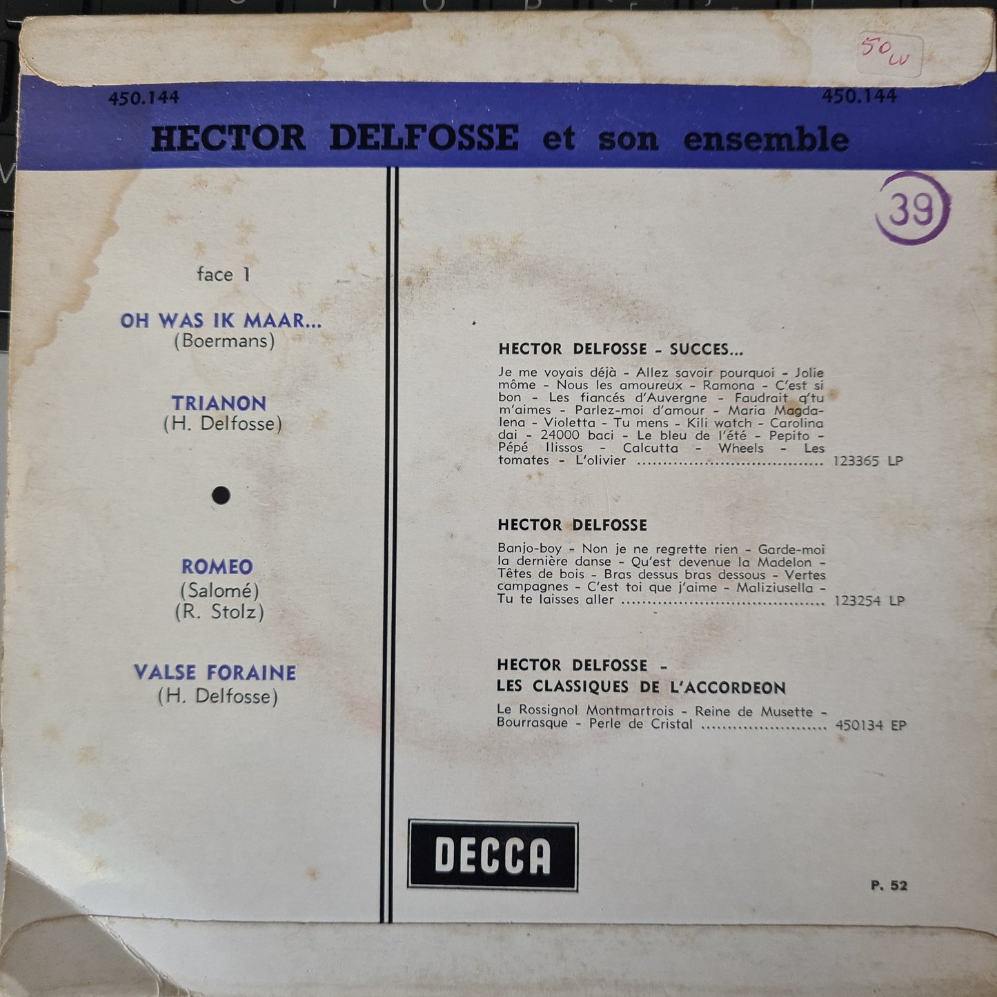 Hector Delfosse Et Son Ensemble - Oh Was Ik Maar Vinyl Singles EP Vinyl Zeer Goed / Hoesje Goed "VINYLSINGLES.NL"