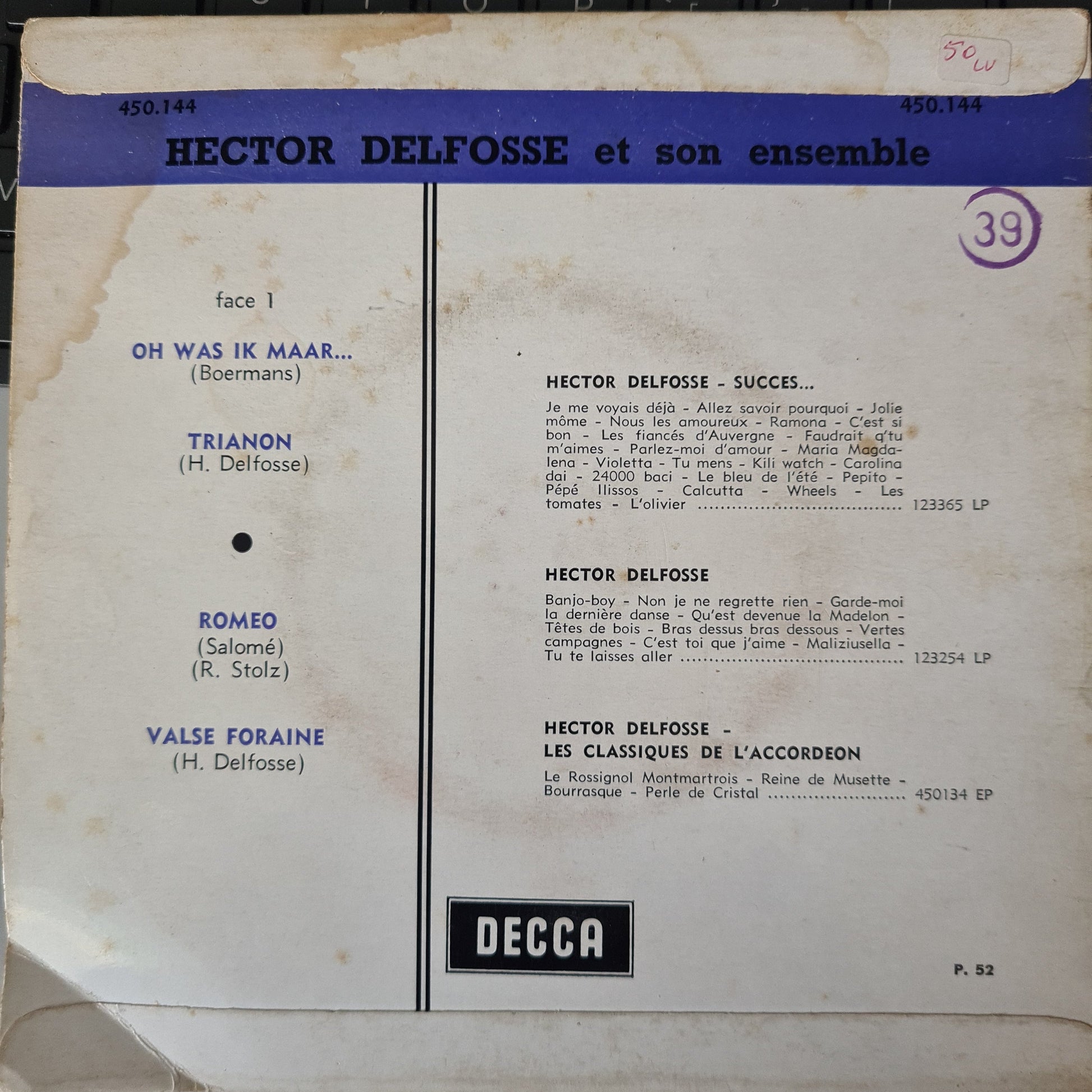 Hector Delfosse Et Son Ensemble - Oh Was Ik Maar Vinyl Singles EP Vinyl Zeer Goed / Hoesje Goed "VINYLSINGLES.NL"