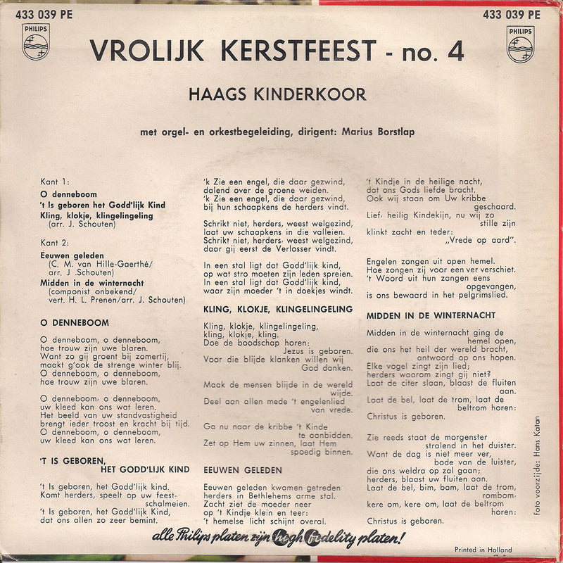 Haags Kinderkoor - Vrolijk Kerstfeest - No. 4 Vinyl Singles EP Vinyl Zeer Goed / Hoesje Goed "VINYLSINGLES.NL"