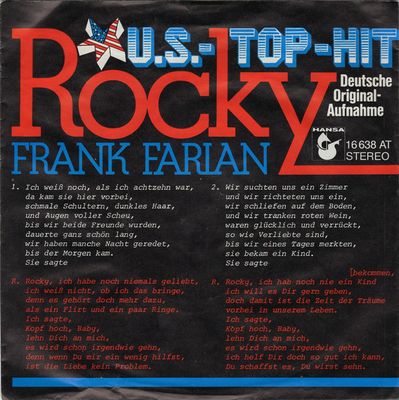 Frank Farian - Rocky Vinyl Singles Vinyl Zeer Goed / Hoesje Goed "VINYLSINGLES.NL"