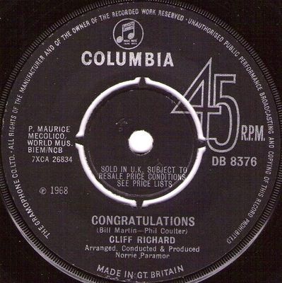 Cliff Richard - Congratulations Vinyl Singles Vinyl Zeer Goed / Hoesje Generic "VINYLSINGLES.NL"