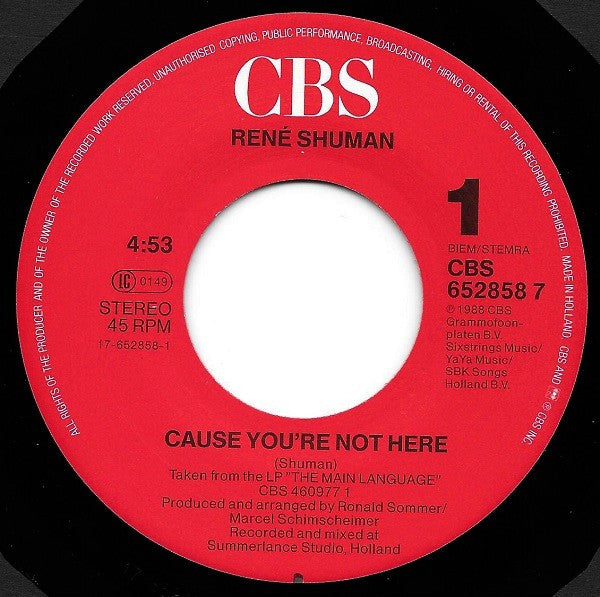 René Shuman - Cause You're Not Here 18518 Vinyl Singles Vinyl Goed / Hoes Goed