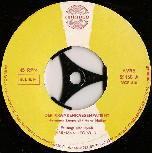 Hermann Leopoldi - Der Krankenkassenpatient Vinyl Singles Vinyl Zeer Goed / Hoesje Goed "VINYLSINGLES.NL"