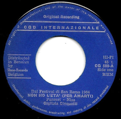 Gigliola Cinquetti - Non Ho L'Eta' (Per Amarti) Vinyl Singles Vinyl Zeer Goed / Hoesje Generic "VINYLSINGLES.NL"