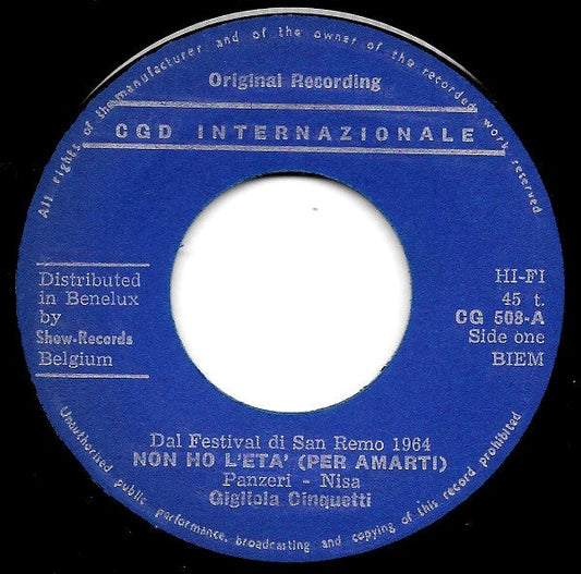 Gigliola Cinquetti - Non Ho L'Eta' (Per Amarti) Vinyl Singles Vinyl Zeer Goed / Hoesje Generic "VINYLSINGLES.NL"