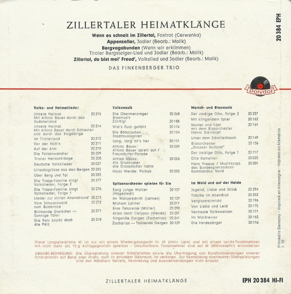Finkenberger Trio - Zillertaler Heimatklänge 42595 Vinyl Singles EP Vinyl Goed / Hoes Goed
