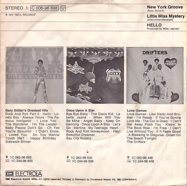 Hello - New York Groove Vinyl Singles Vinyl Zeer Goed / Hoesje Goed "VINYLSINGLES.NL"