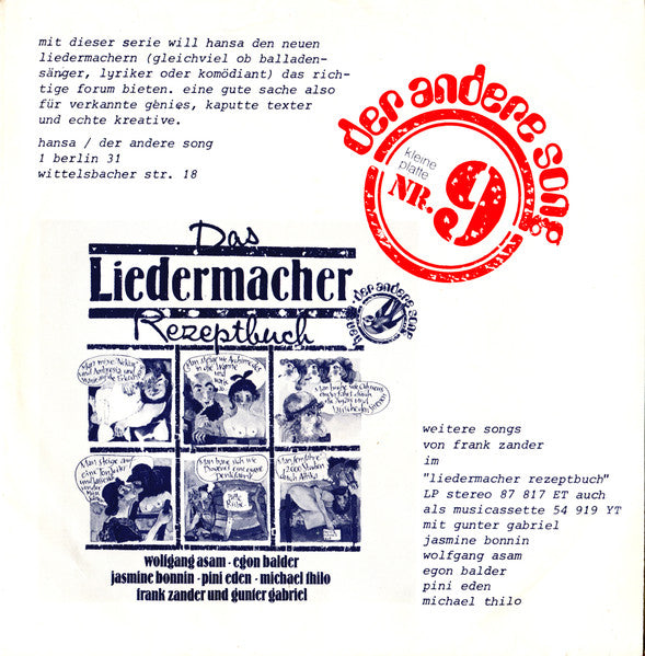 Frank Zander - Ich Trink' Auf Dein Wohl, Marie 40955 Vinyl Singles Vinyl Zeer Goed / Hoesje Goed "VINYLSINGLES.NL"