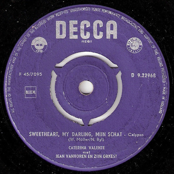 Caterina Valente - Sweetheart My Darling. Mijn Schat 05215 Vinyl Singles Vinyl Zeer Goed / Hoesje Generic "VINYLSINGLES.NL"
