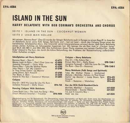Harry Belafonte - Island In The Sun (Musik Aus Dem Centfox-Film "Heisse Erde") Vinyl Singles EP Vinyl Zeer Goed / Hoesje Goed "VINYLSINGLES.NL"