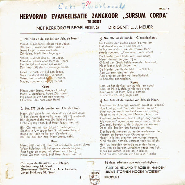 Hervormd Evangelisatie Zangkoor "Sursum Corda" Te Soest - Is Er Plaats Voor Jezus Vinyl Singles Vinyl Zeer Goed / Hoesje Goed "VINYLSINGLES.NL"