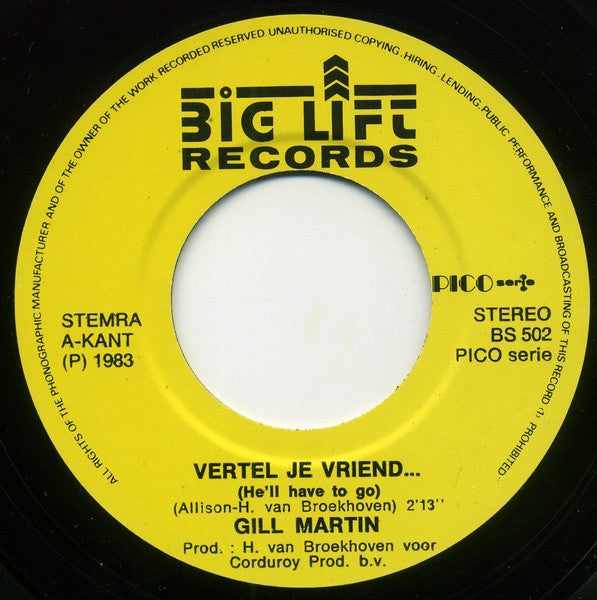 Gill Martin - Vertel Je Vriend (He'll Have To Go) Vinyl Singles Vinyl Zeer Goed / Hoesje Goed "VINYLSINGLES.NL"