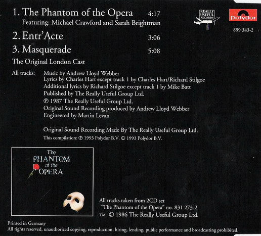 Andrew Lloyd Webber - Excerpts From The Phantom Of The Opera (CD) 70585b Compact Disc Single Goede Staat
