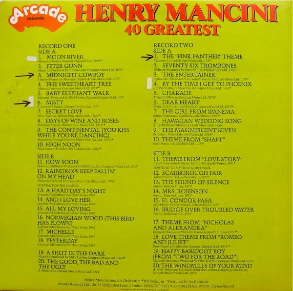 Henry Mancini - 40 Greatest (LP) 44217 Vinyl LP JUKEBOXSINGLES.NL   