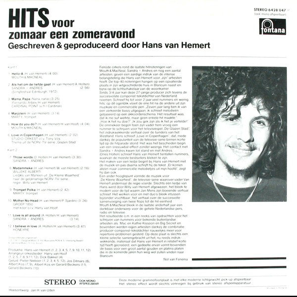Hans van Hemert - Hits Voor Zomaar Een Zomeravond (LP) Vinyl LP Vinyl Zeer Goed / Hoesje Goed "VINYLSINGLES.NL"