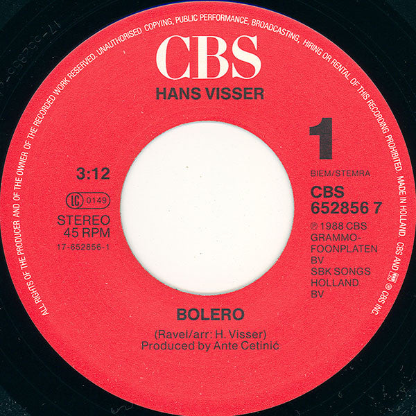 Hans Visser - Bolero Vinyl Singles Vinyl Zeer Goed / Hoesje Goed "VINYLSINGLES.NL"