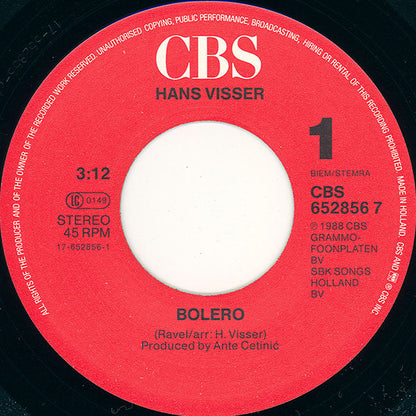 Hans Visser - Bolero Vinyl Singles Vinyl Zeer Goed / Hoesje Goed "VINYLSINGLES.NL"