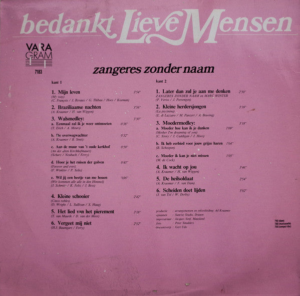 Zangeres Zonder Naam - Bedankt Lieve Mensen (LP) 43795 Vinyl LP JUKEBOXSINGLES.NL   