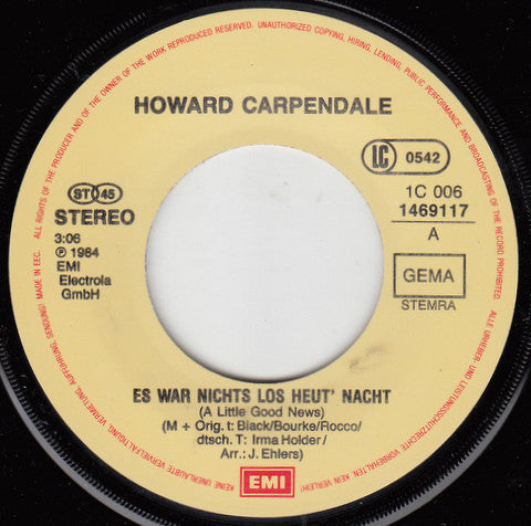Howard Carpendale - Es War Nichts Los Heut' Nacht Vinyl Singles Vinyl Zeer Goed / Hoesje Goed "VINYLSINGLES.NL"