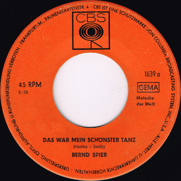 Bernd Spier - Das War Mein Schönster Tanz 42339 Vinyl Singles Vinyl Goed / Hoes Generic