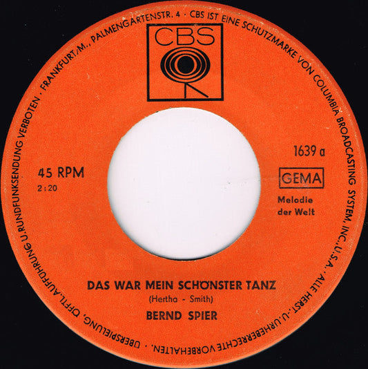 Bernd Spier - Das War Mein Schönster Tanz 42339 Vinyl Singles Vinyl Goed / Hoes Generic