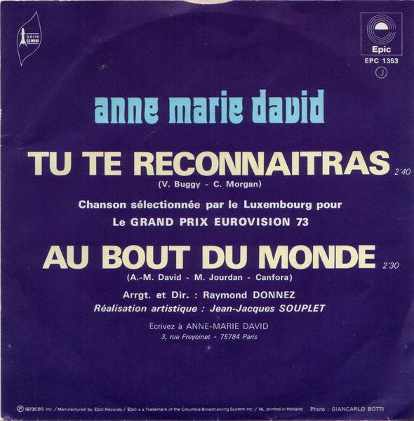 Anne-Marie David - Tu Te Reconnaitras Vinyl Singles Vinyl Zeer Goed / Hoesje Goed "VINYLSINGLES.NL"
